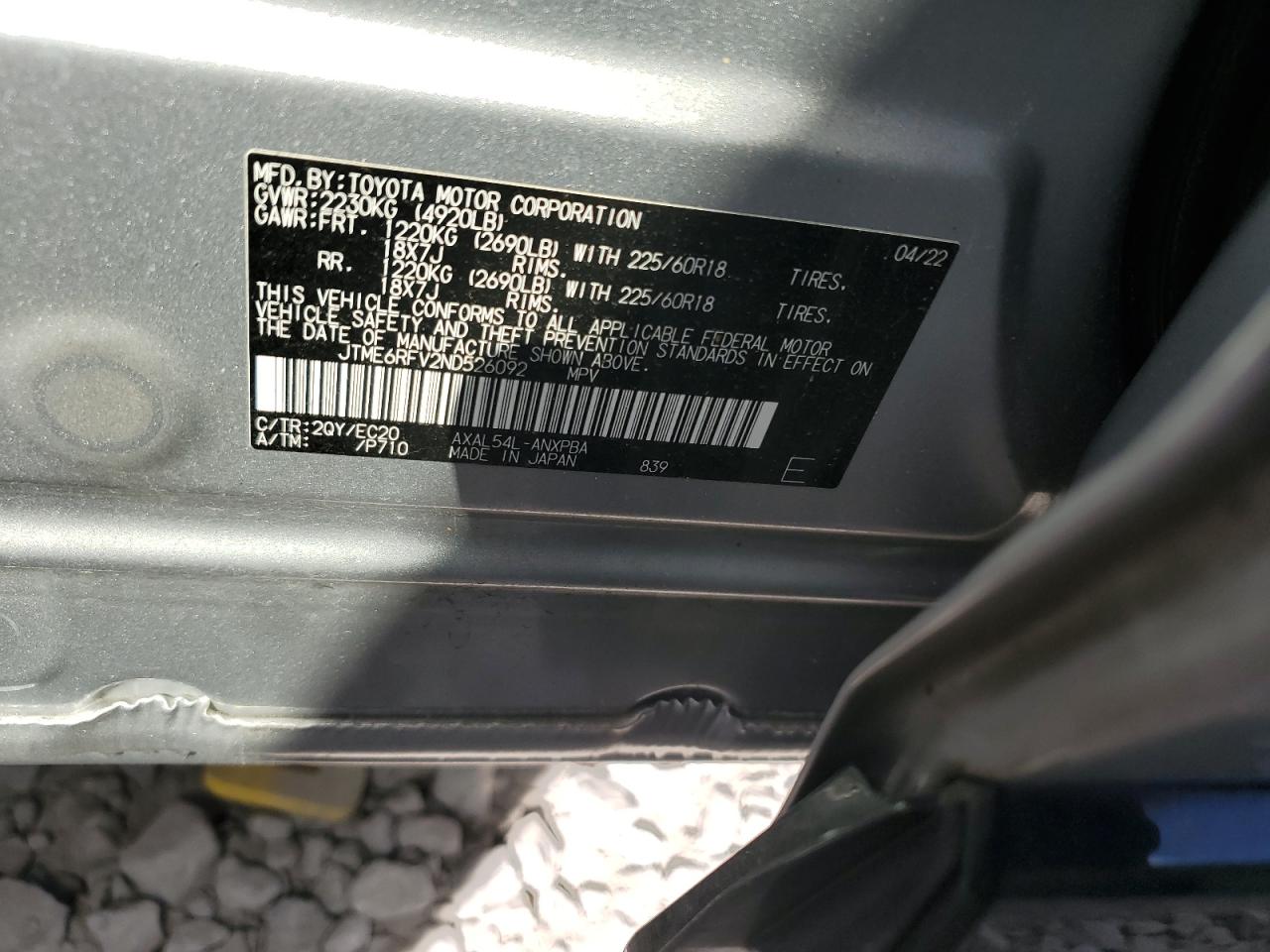 2022 TOYOTA RAV4 XSE VIN:JTME6RFV2ND526092