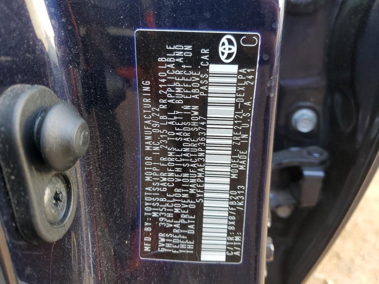 2022 TOYOTA COROLLA LE VIN:5YFEPMAE3NP363747