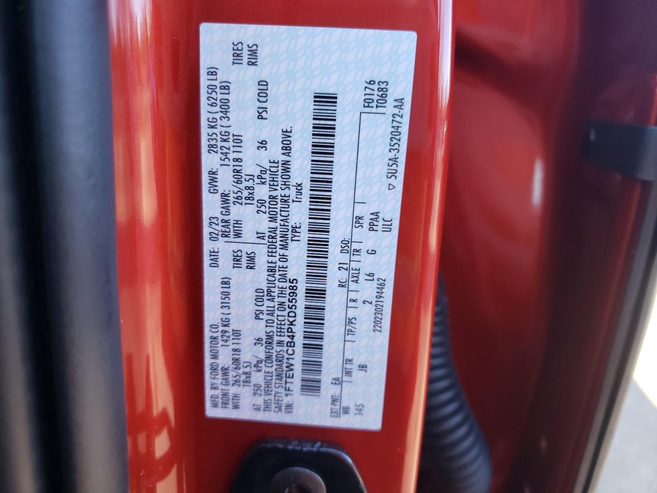 2023 FORD F150 SUPERCREW VIN:1FTEW1CB4PKD55985