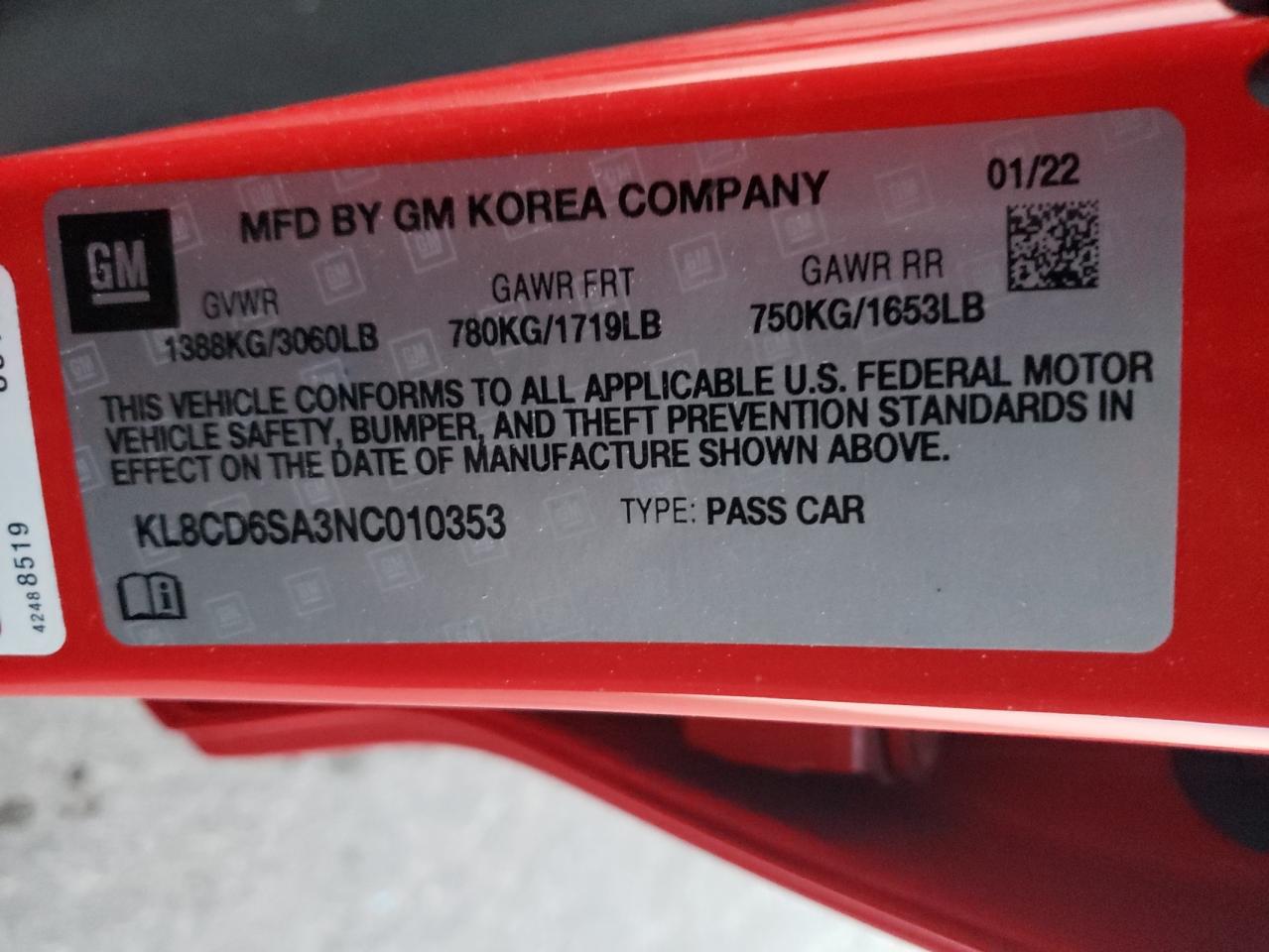 2022 CHEVROLET SPARK 1LT VIN:KL8CD6SA3NC010353