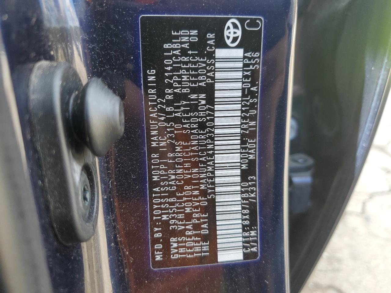 2022 TOYOTA COROLLA LE VIN:5YFEPMAE4NP320177