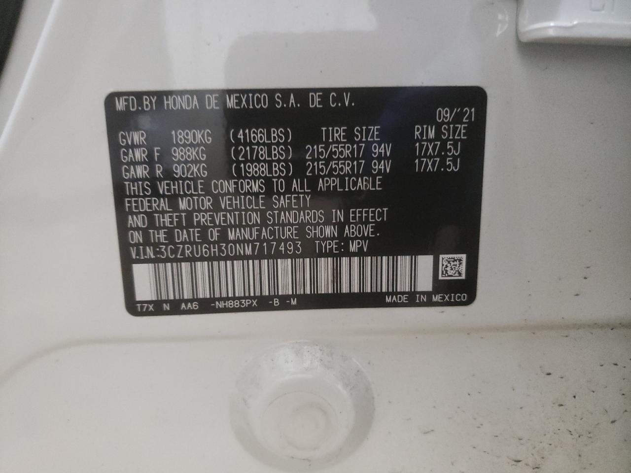 2022 HONDA HR-V LX VIN:3CZRU6H30NM717493