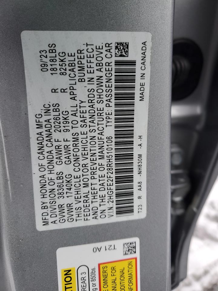 2024 HONDA CIVIC LX VIN:2HGFE2F28RH510106