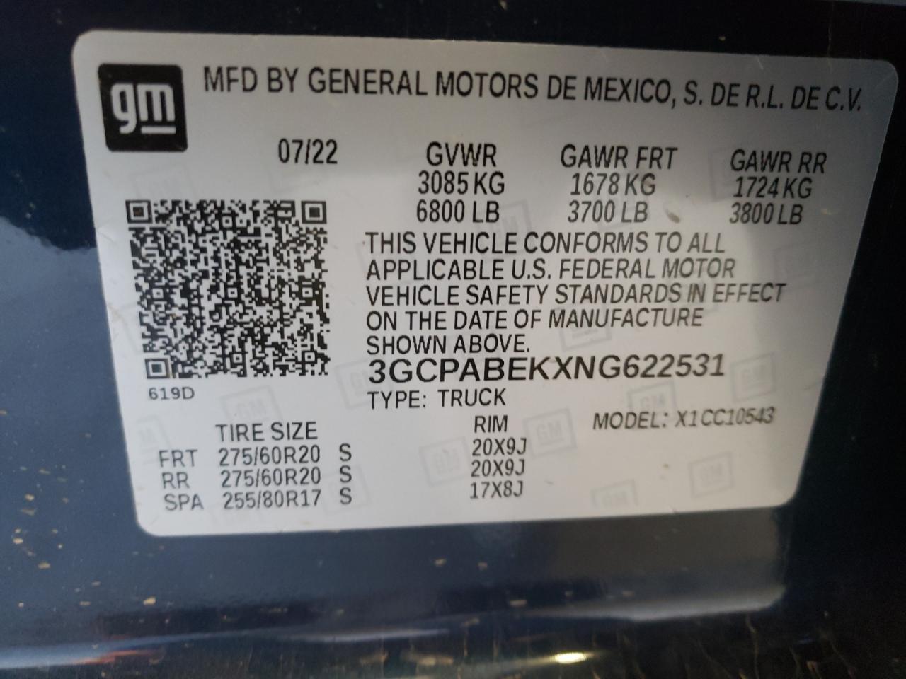 2022 CHEVROLET SILVERADO C1500 CUSTOM VIN:3GCPABEKXNG622531