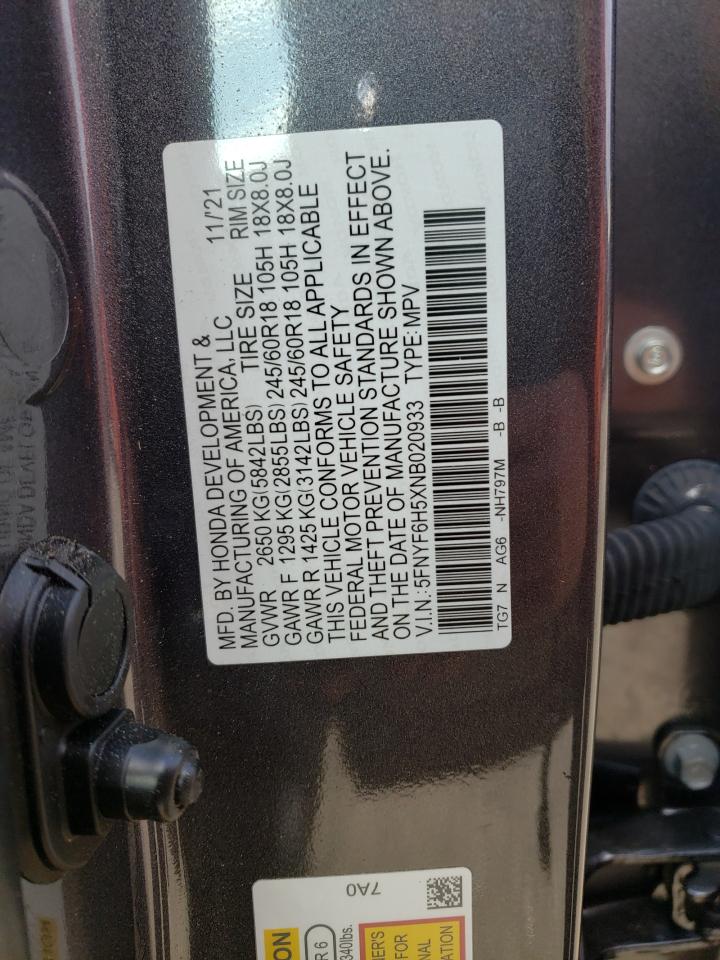 2022 HONDA PILOT EXL VIN:5FNYF6H5XNB020933