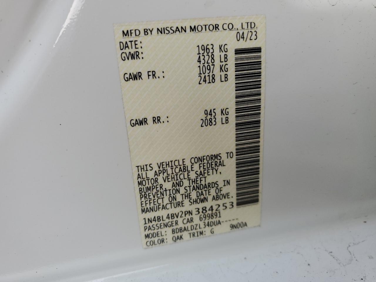 2023 NISSAN ALTIMA S VIN:1N4BL4BV2PN384253