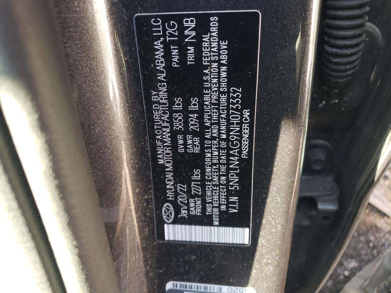 2022 HYUNDAI ELANTRA SEL VIN:5NPLN4AG9NH073332