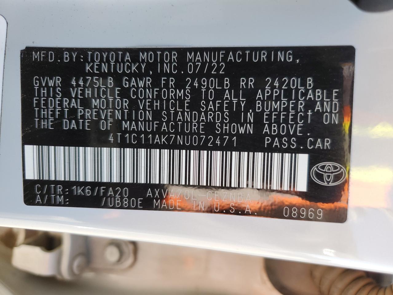 2022 TOYOTA CAMRY LE VIN:4T1C11AK7NU072471