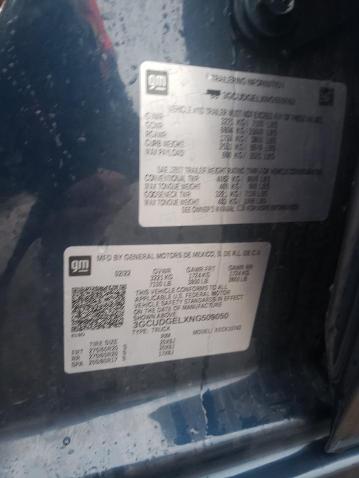 2022 CHEVROLET SILVERADO K1500 LTZ VIN: 3gcudgelxng509050 VIN:3gcudgelxng509050