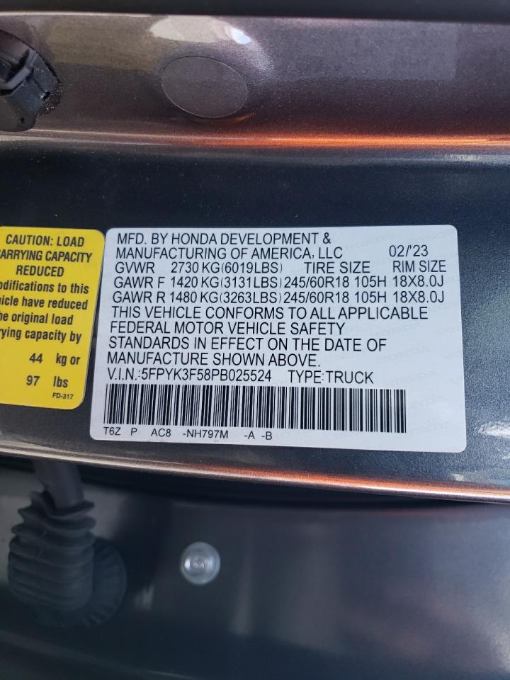 2023 HONDA RIDGELINE RTL VIN:5FPYK3F58PB025524