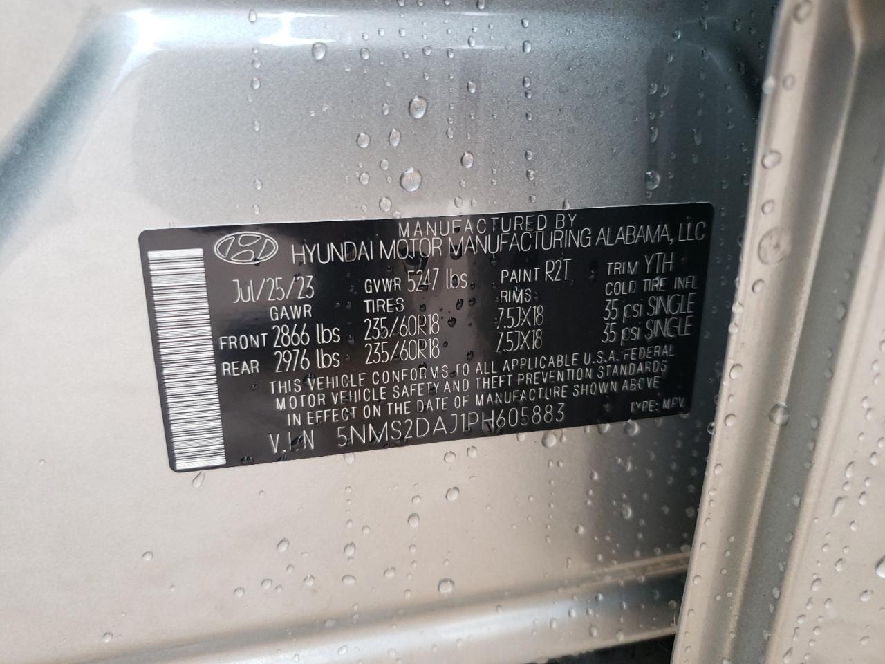 2023 HYUNDAI SANTA FE SEL VIN:5NMS2DAJ1PH605883