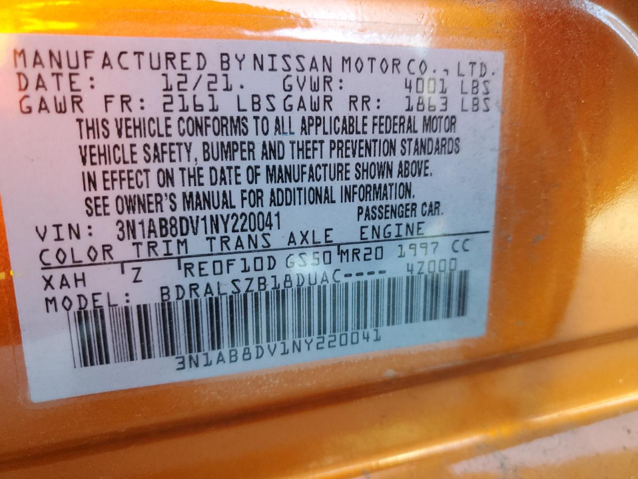 2022 NISSAN SENTRA SR VIN:3N1AB8DV1NY220041