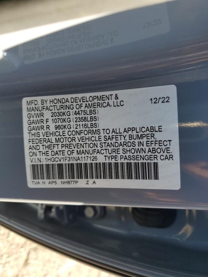 2022 HONDA ACCORD SPORT VIN:1HGCV1F31NA117126