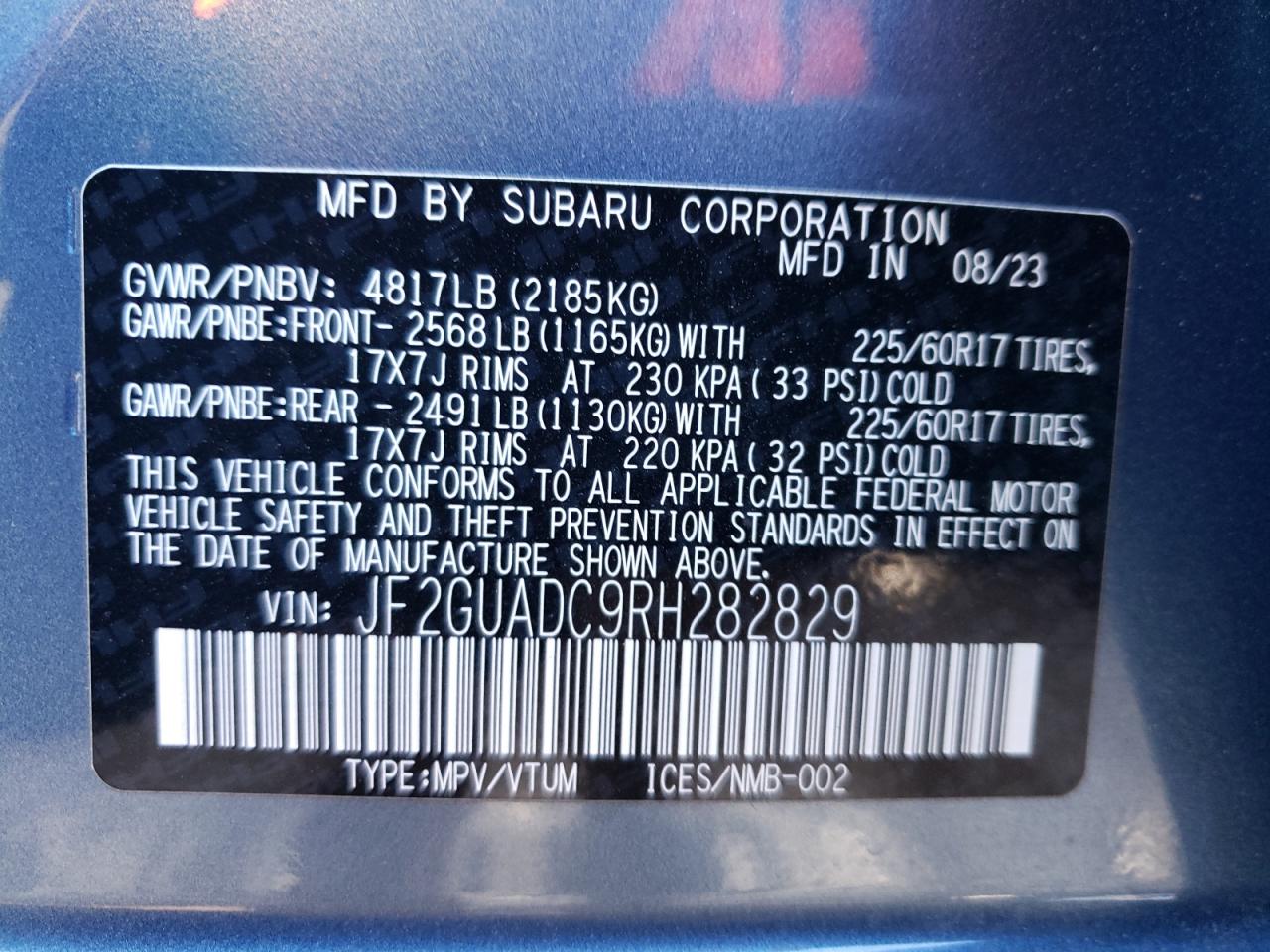 2024 SUBARU CROSSTREK PREMIUM VIN:JF2GUADC9RH282829