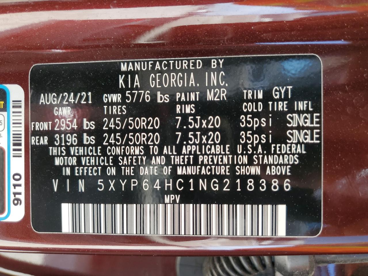 2022 KIA TELLURIDE S VIN:5XYP64HC1NG218386