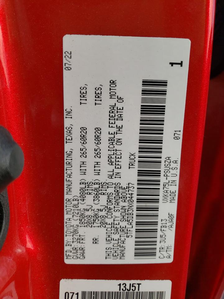 2022 TOYOTA TUNDRA CREWMAX SR VIN:5TFLA5DB3NX044737