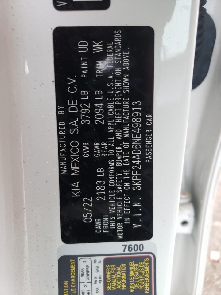 2022 KIA FORTE FE VIN:3KPF24AD6NE498913