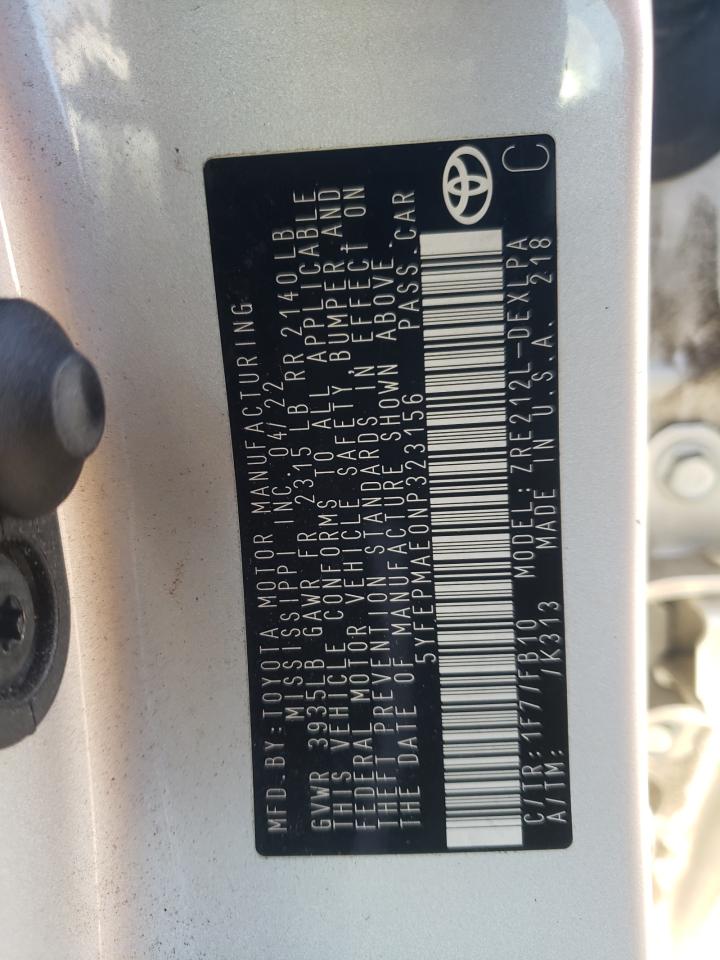 2022 TOYOTA COROLLA LE VIN:5YFEPMAE0NP323156