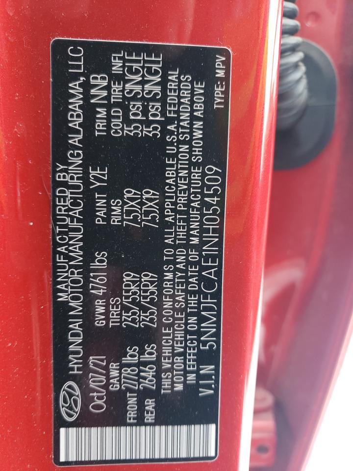 2022 HYUNDAI TUCSON SEL VIN:5NMJFCAE1NH054509