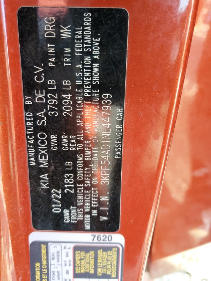 2022 KIA FORTE GT LINE VIN:3KPF54AD1NE447939