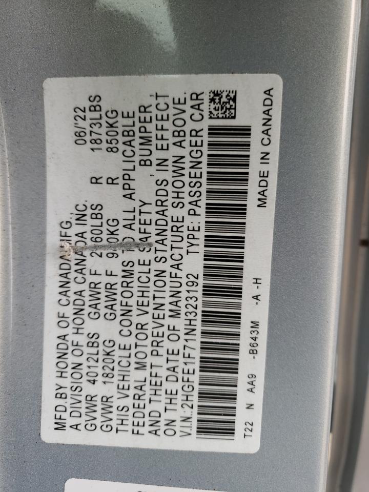 2022 HONDA CIVIC EX VIN:2HGFE1F71NH323192
