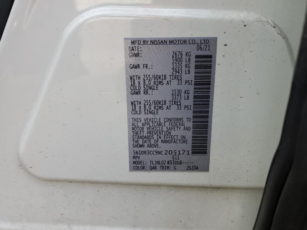 2022 NISSAN PATHFINDER SL VIN:5N1DR3CC9NC205171