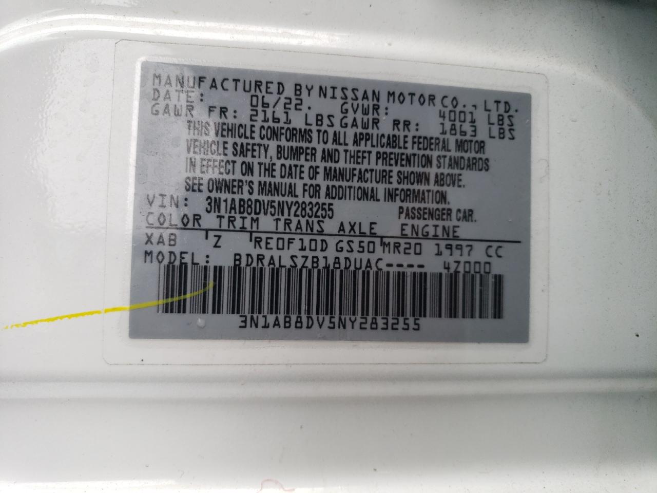 2022 NISSAN SENTRA SR VIN:3N1AB8DV5NY283255