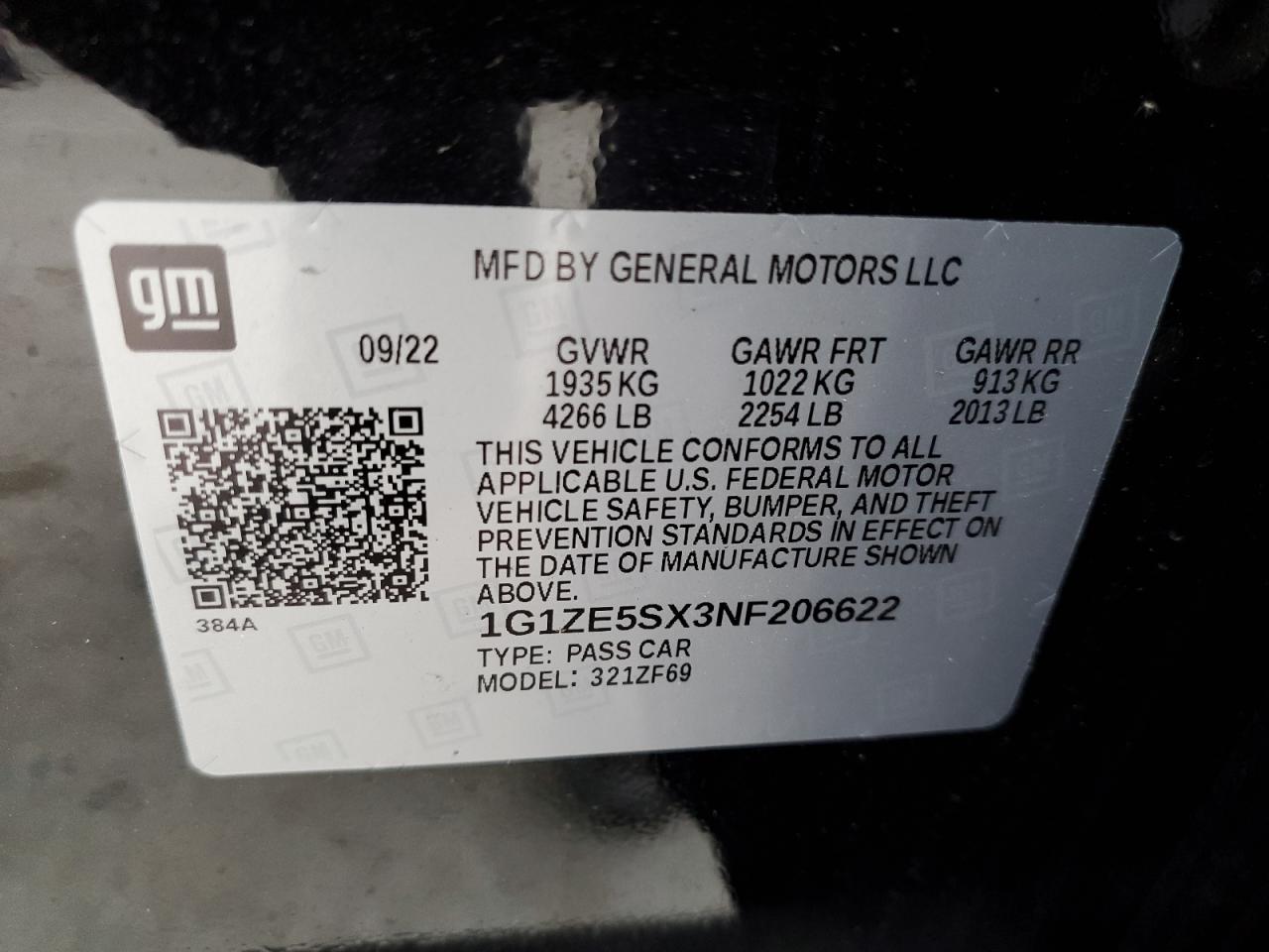 2022 CHEVROLET MALIBU PREMIER VIN:1G1ZE5SX3NF206622