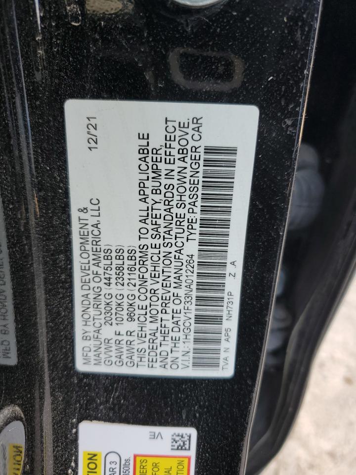 2022 HONDA ACCORD SPORT VIN:1HGCV1F33NA012264