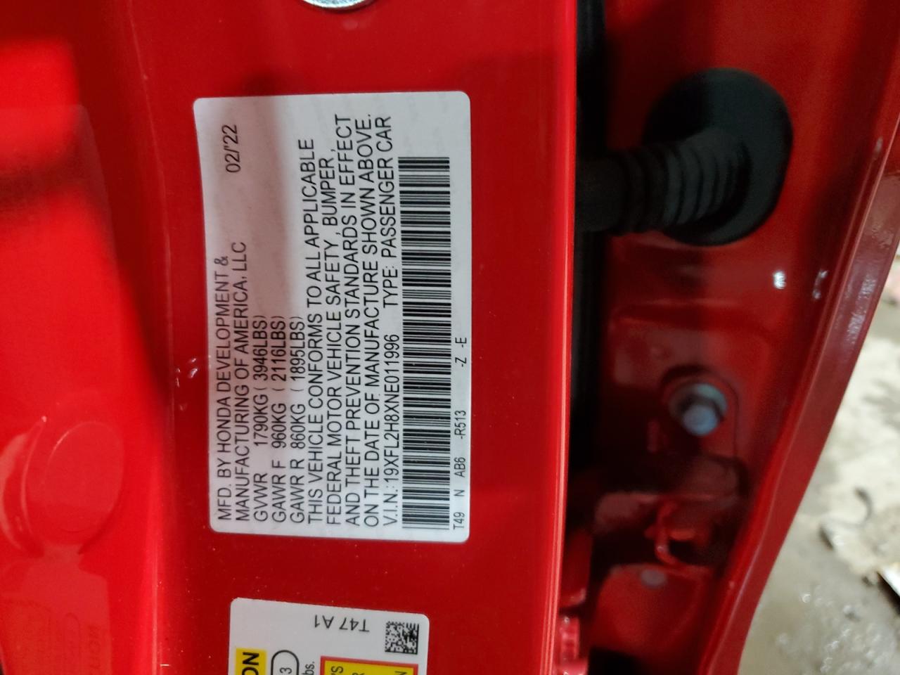 2022 HONDA CIVIC SPORT VIN:19XFL2H8XNE011996