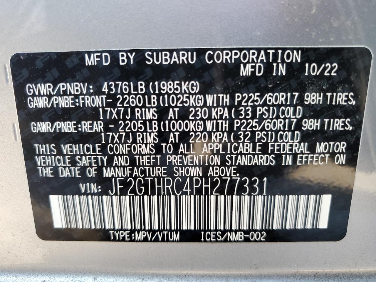 2023 SUBARU CROSSTREK SPORT VIN:JF2GTHRC4PH277331