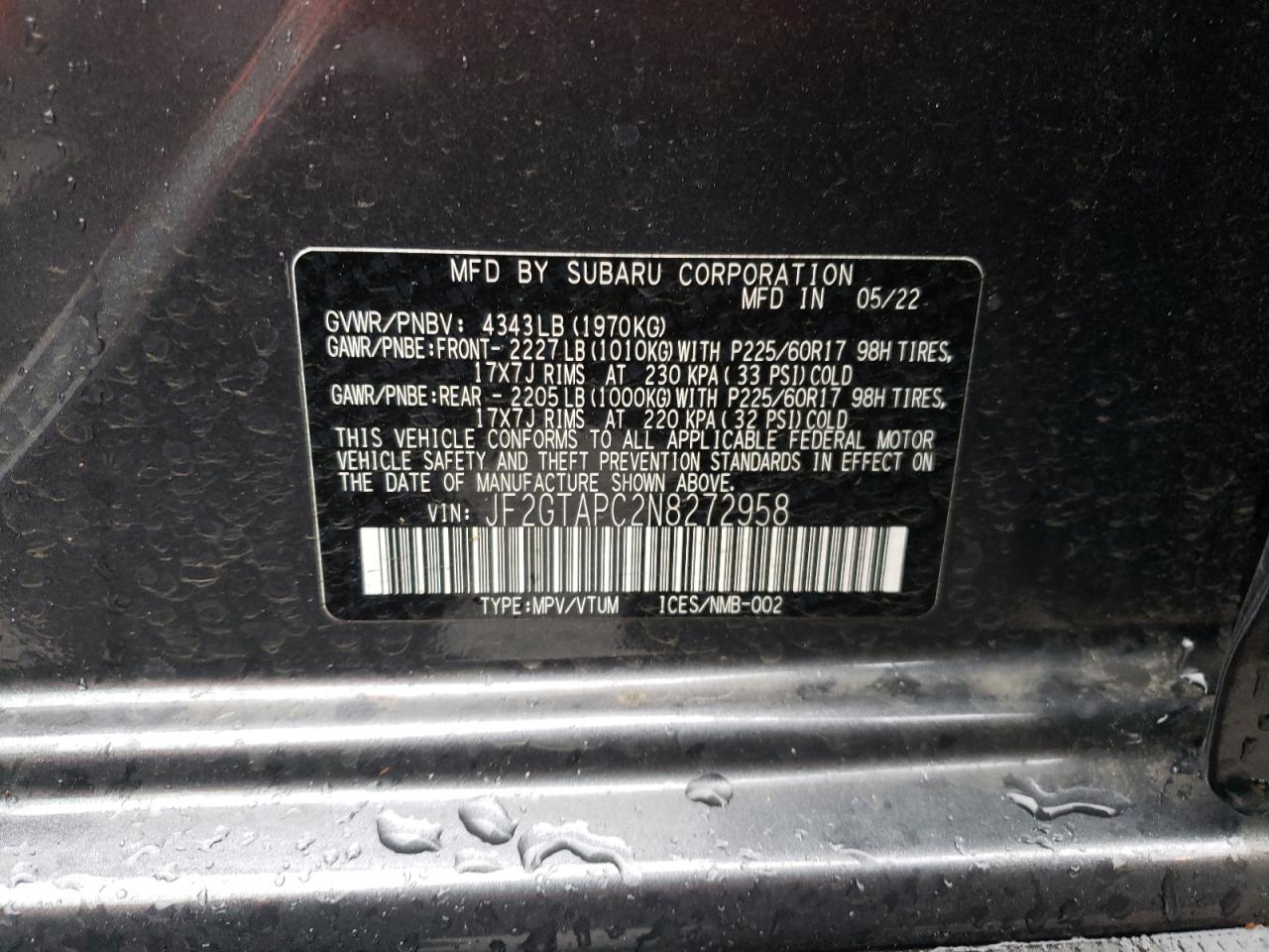 2022 SUBARU CROSSTREK PREMIUM VIN:JF2GTAPC2N8272958