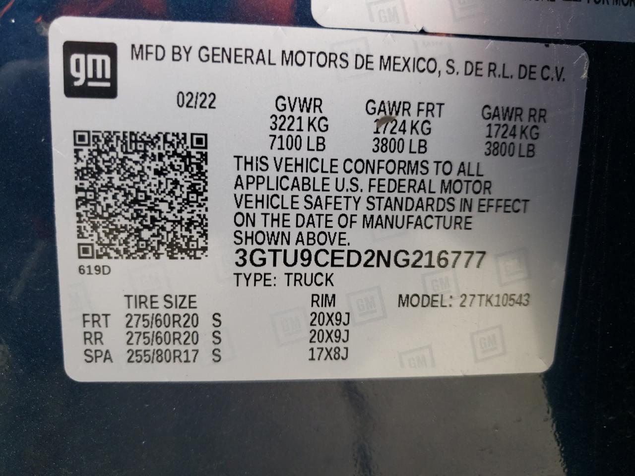 2022 GMC SIERRA LIMITED K1500 ELEVATION VIN:3GTU9CED2NG216777