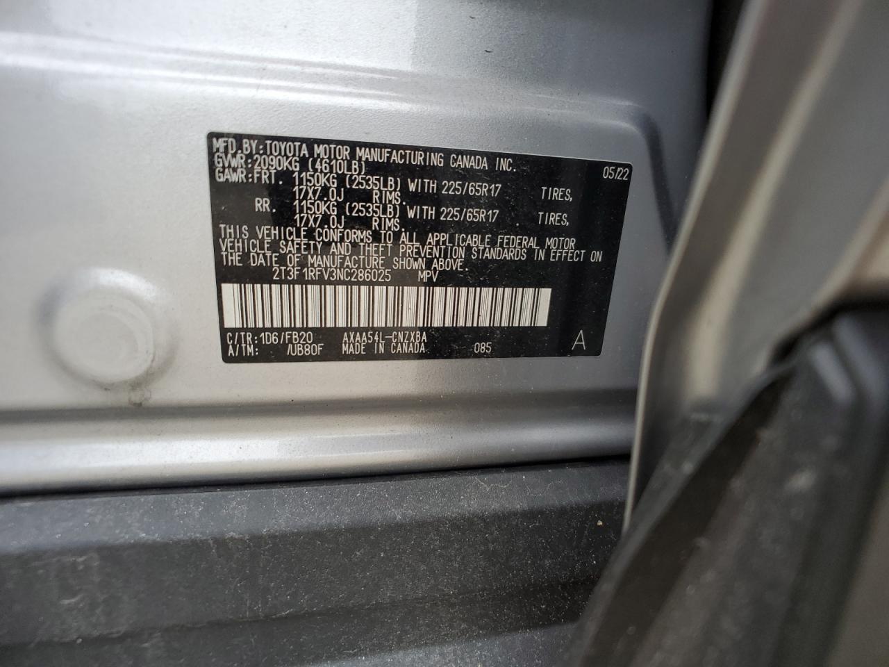 2022 TOYOTA RAV4 LE VIN:2T3F1RFV3NC286025