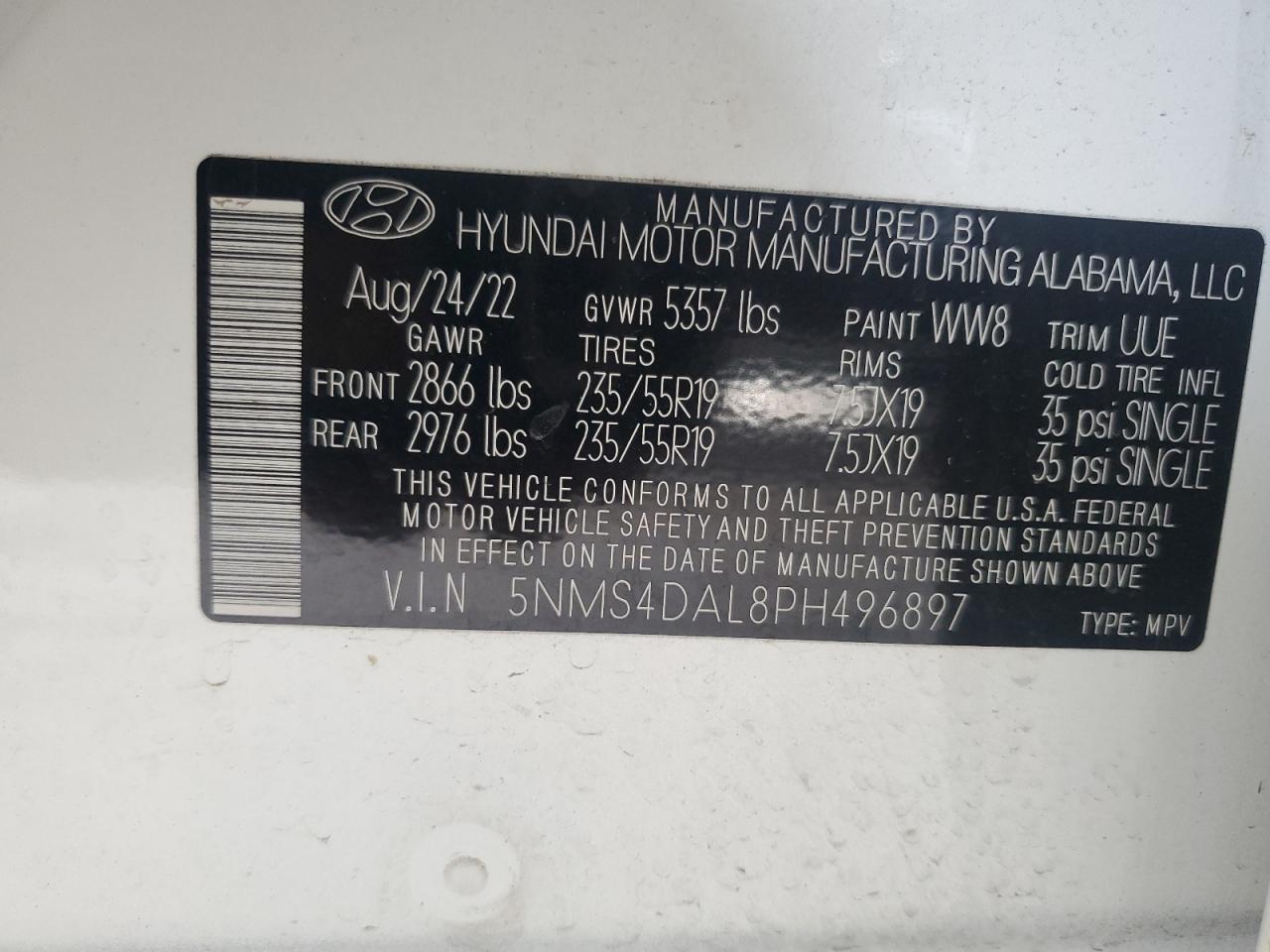 2023 HYUNDAI SANTA FE LIMITED VIN:5NMS4DAL8PH496897