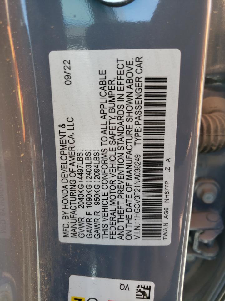 2022 HONDA ACCORD HYBRID SPORT VIN:1HGCV3F21NA038249