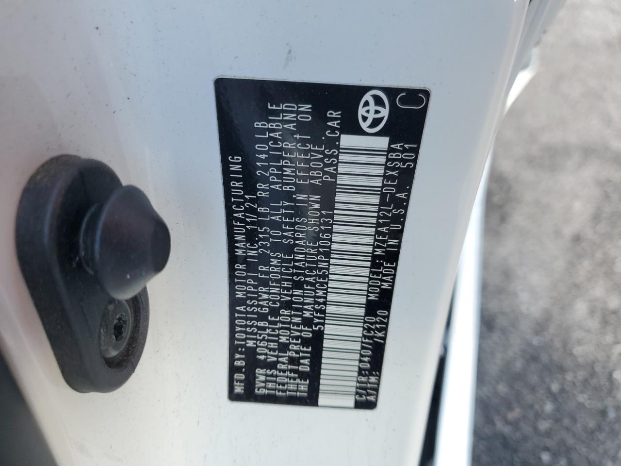 2022 TOYOTA COROLLA SE VIN:5YFS4MCE5NP106131