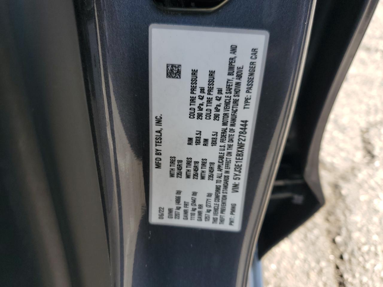 2022 TESLA MODEL 3  VIN:5YJ3E1EBXNF278444