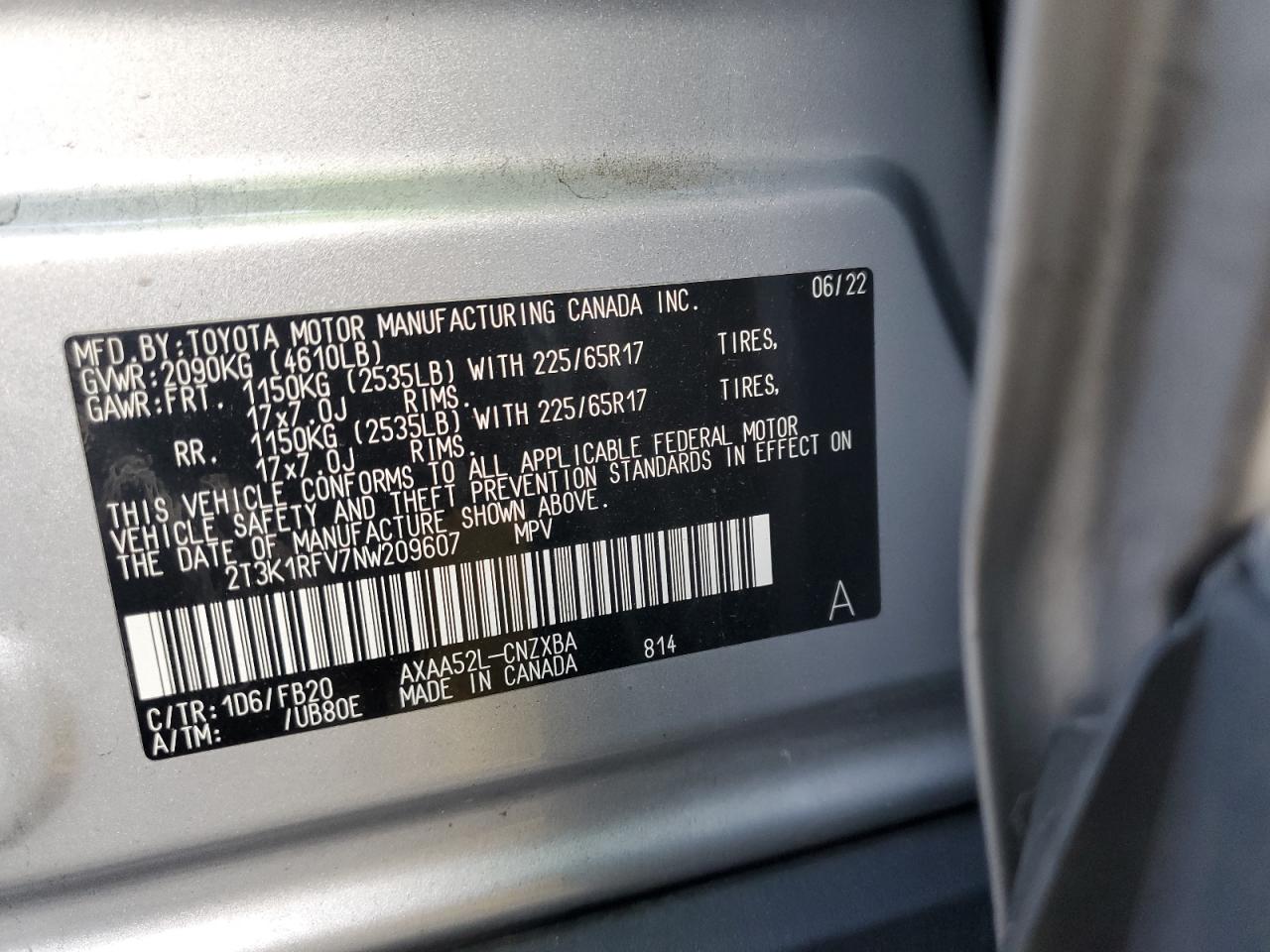 2022 TOYOTA RAV4 LE VIN:2T3K1RFV7NW209607