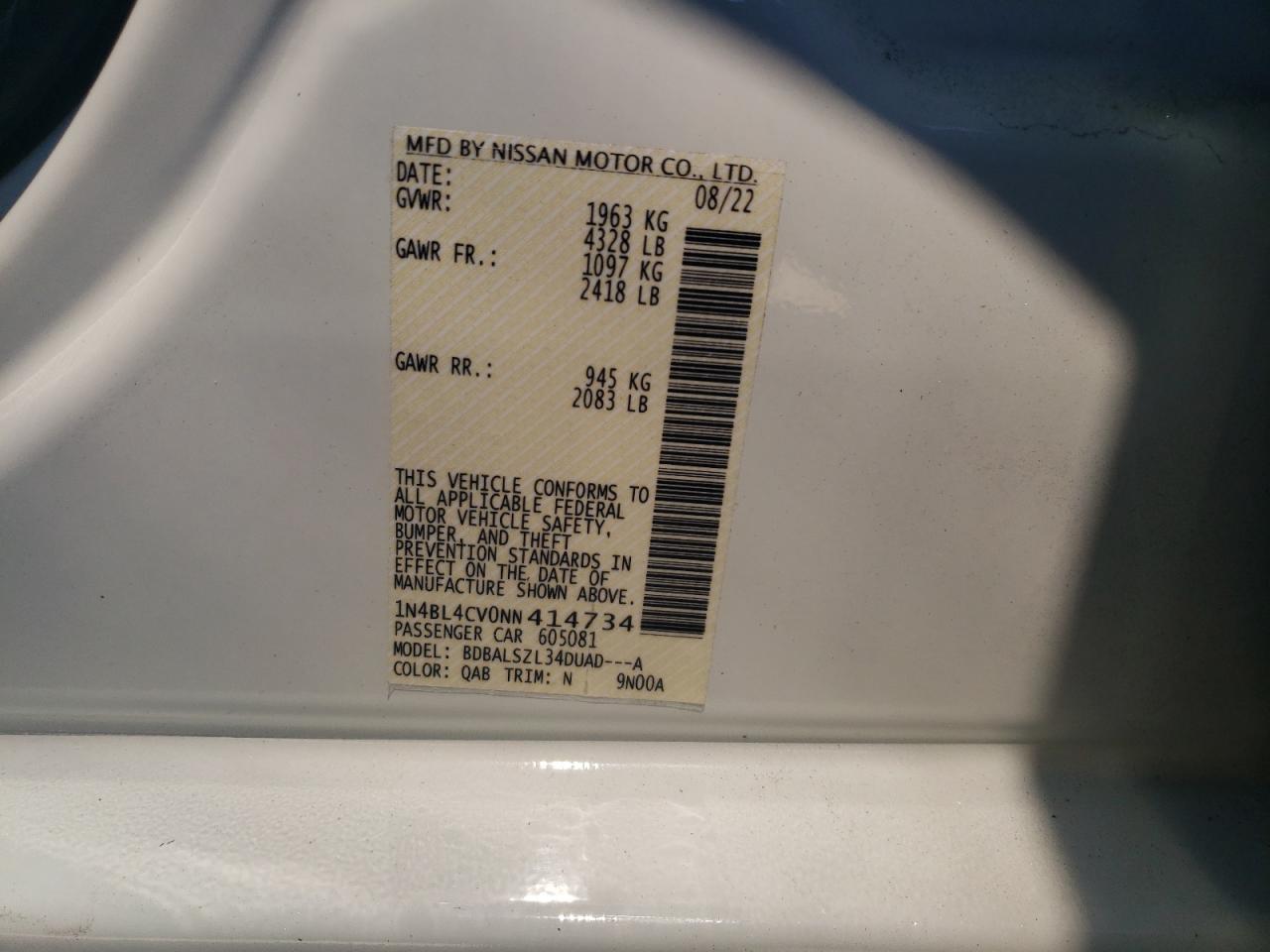 2022 NISSAN ALTIMA SR VIN:1N4BL4CV0NN414734