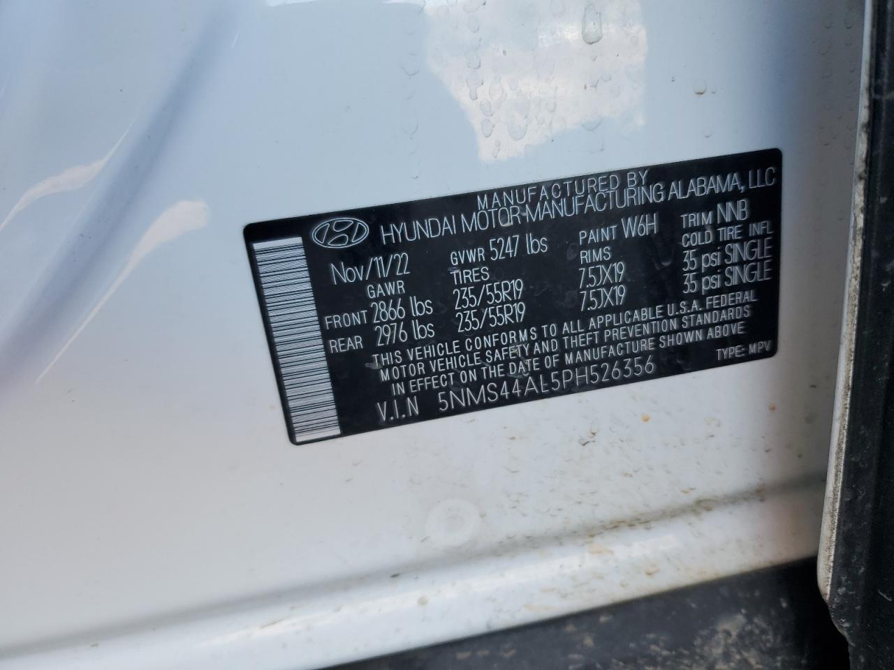 2023 HYUNDAI SANTA FE LIMITED VIN:5NMS44AL5PH526356