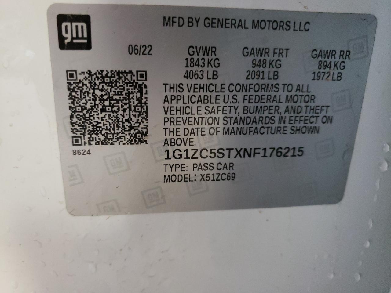 2022 CHEVROLET MALIBU LS VIN:1G1ZC5STXNF176215