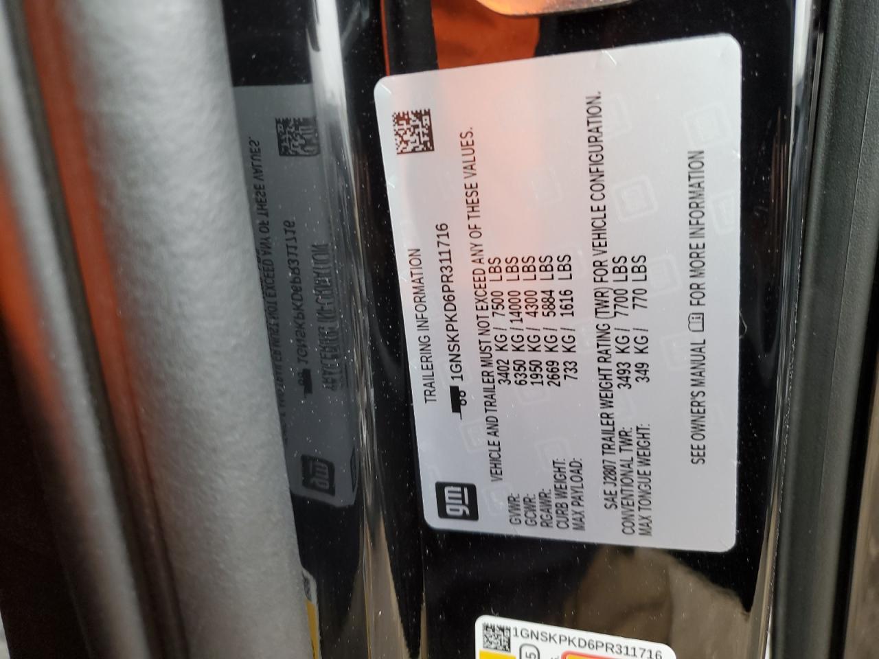 2023 CHEVROLET TAHOE K1500 Z71 VIN:1GNSKPKD6PR311716