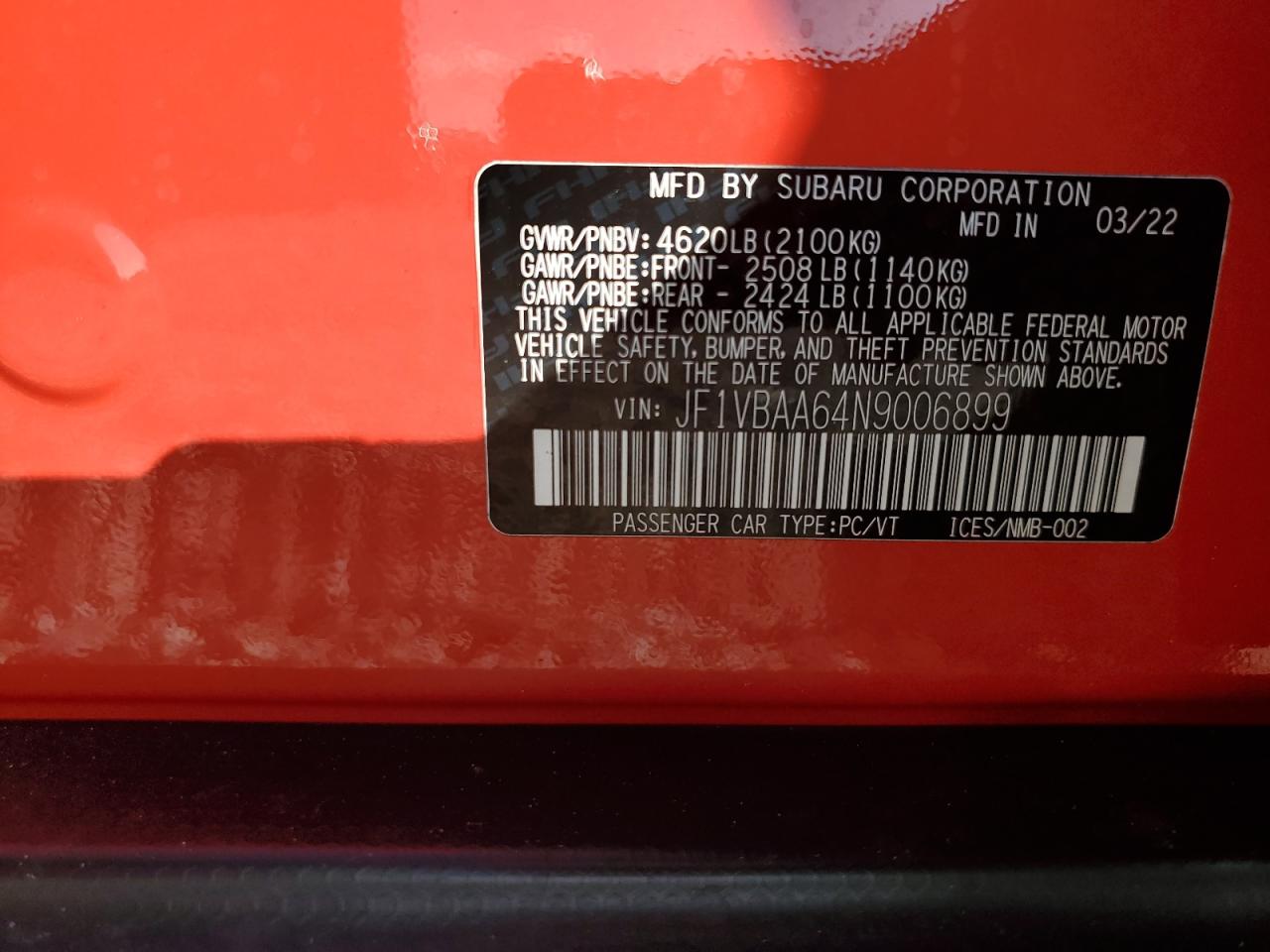 2022 SUBARU WRX  VIN:JF1VBAA64N9006899