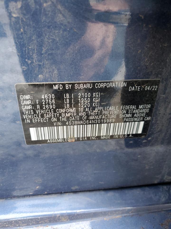 2022 SUBARU LEGACY PREMIUM VIN:4S3BWAD64N3019989