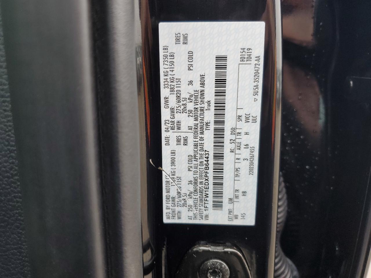 2023 FORD F150 SUPERCREW VIN:1FTFW1EDXPFB64437