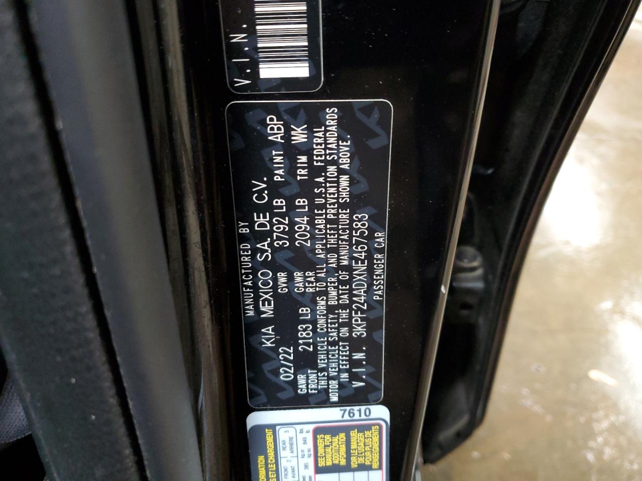 2022 KIA FORTE FE VIN:3KPF24ADXNE467583