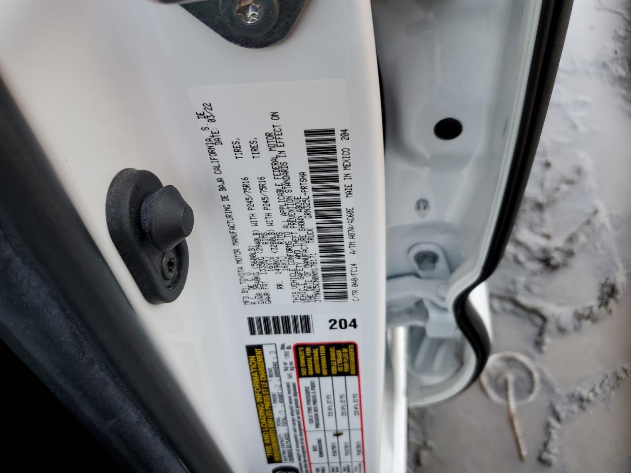 2022 TOYOTA TACOMA DOUBLE CAB VIN:3TMAZ5CN0NM178171