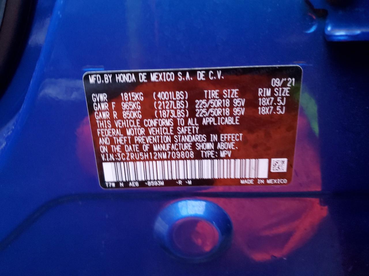 2022 HONDA HR-V SPORT VIN:3CZRU5H12NM709808