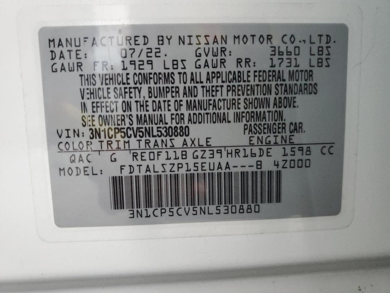 2022 NISSAN KICKS SV VIN:3N1CP5CV5NL530880